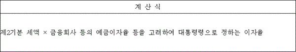 계산식
@@LATEX@@제2기분세액 \times 금융회사등의예금이자율등을고려하여대통령령으로정하는이자율@@/LATEX@@