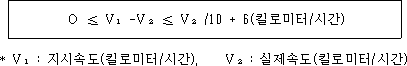 @@LATEX@@O \leq V_1- V_2 \leq V_2/ 10 + 6\left(\mathrm{킬로미터}/ \mathrm{시간}\right)@@/LATEX@@
           
V₁: 지시속도(킬로미터/시간),    V₂: 실제속도(킬로미터/시간)   
                                                                      
