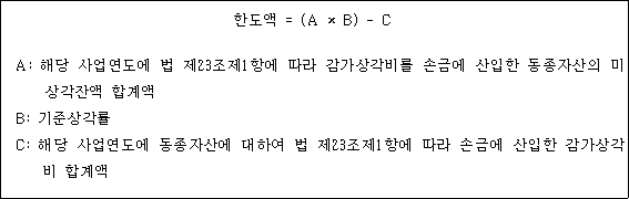 @@LATEX@@한도액 =  \left(A \times B\right)- C@@/LATEX@@

  A: 해당 사업연도에 법 제23조제1항에 따라 감가상각비를 손금에 산입한 동종자산의 미상각잔액 합계액
  B: 기준상각률
  C: 해당 사업연도에 동종자산에 대하여 법 제23조제1항에 따라 손금에 산입한 감가상각비 합계액
