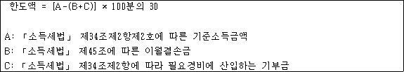 @@LATEX@@\mathrm{한도액} = \left[A- \left(B + C\right)\right] \times 100분의30@@/LATEX@@

A: 「소득세법」 제34조제2항제2호에 따른 기준소득금액
B: 「소득세법」 제45조에 따른 이월결손금
C: 「소득세법」 제34조제2항에 따라 필요경비에 산입하는 기부금