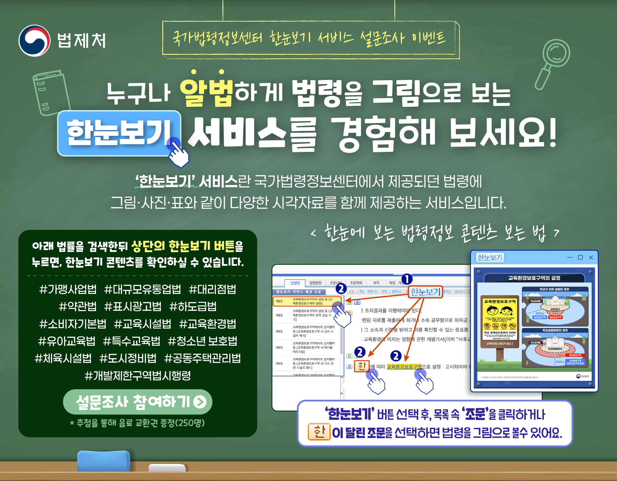 국가법령정보센터 한눈보기 서비스 설문조사 이벤트 누구나 알법하게 법령을 그림으로 보는 한눈보기 서비스를 경험해 보세요! 한눈보기 서비스란 국가법령정보센터에서 제공되던 법령엥 그림 사진 표와 같이 다양한 시각자료를 함께 제공하는 서비스입니다.